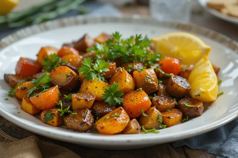 Delicious roasted root vegetables recipe served on a plate, garnished with parsley and lemon wedges