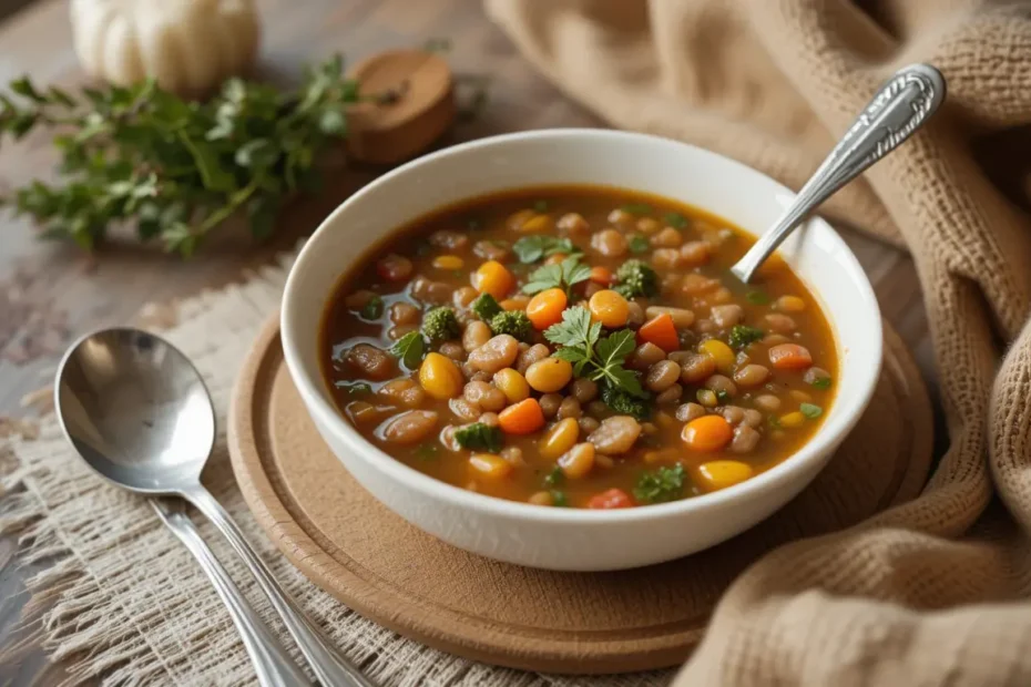 Delicious vegetable barley soup in a bowl, garnished with parsley and served with crusty bread