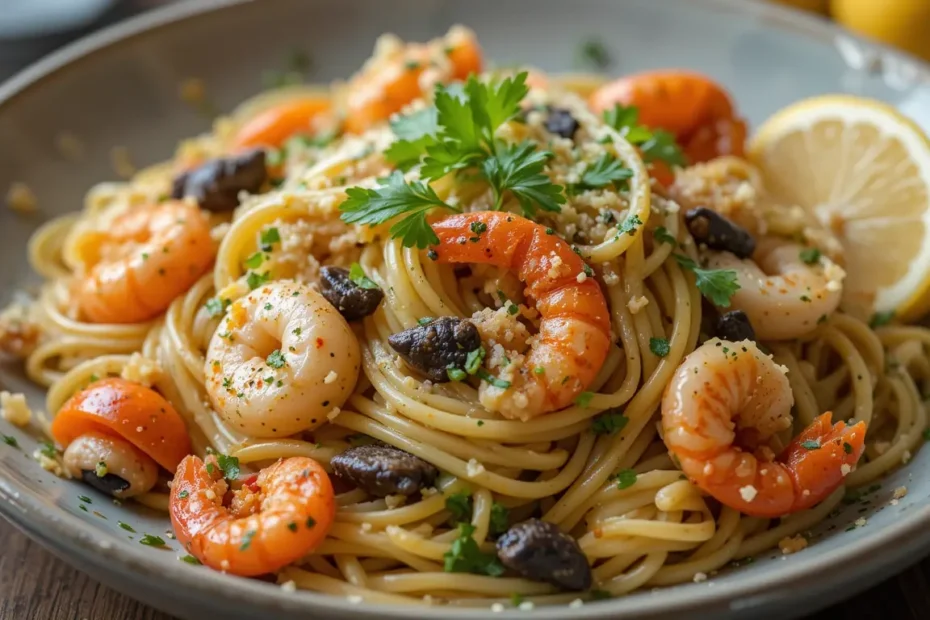 Finished seafood pasta dish garnished with parsley and lemon for seafood pasta recipe