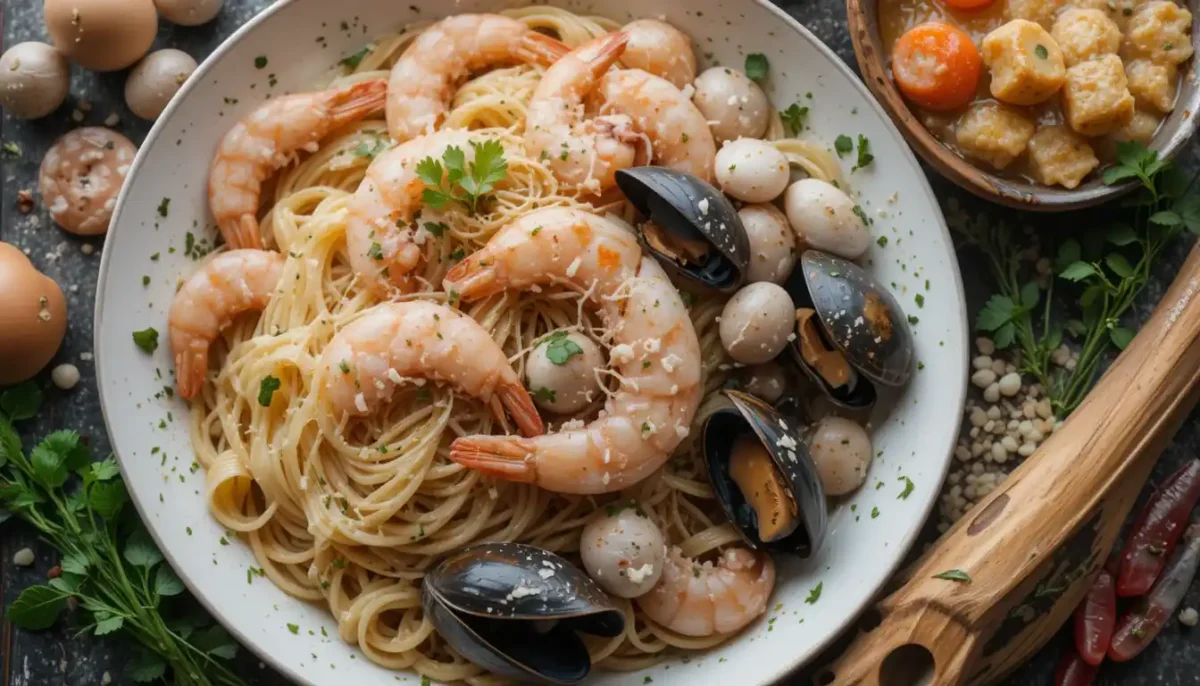 Fresh seafood ingredients for seafood pasta recipe, including shrimp, mussels, and calamari Fresh seafood ingredients for seafood pasta recipe, including shrimp, mussels, and calamari