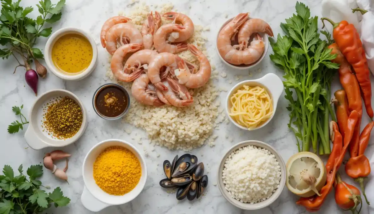 Ingredients for seafood paella including shrimp, mussels, saffron, rice, and vegetables Ingredients for seafood paella including shrimp, mussels, saffron, rice, and vegetables