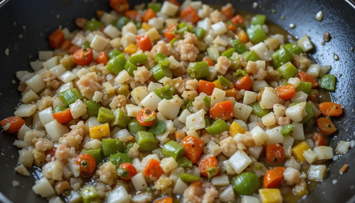 Sautéing onions, garlic, and bell peppers for seafood paella in a large pan Sautéing onions, garlic, and bell peppers for seafood paella in a large pan