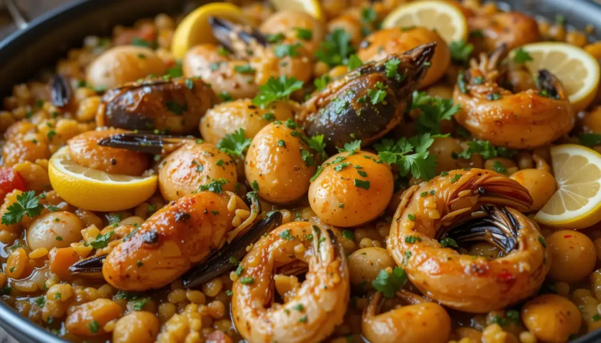 Seafood paella cooking on the stove with shrimp, mussels, and peas Seafood paella cooking on the stove with shrimp, mussels, and peas