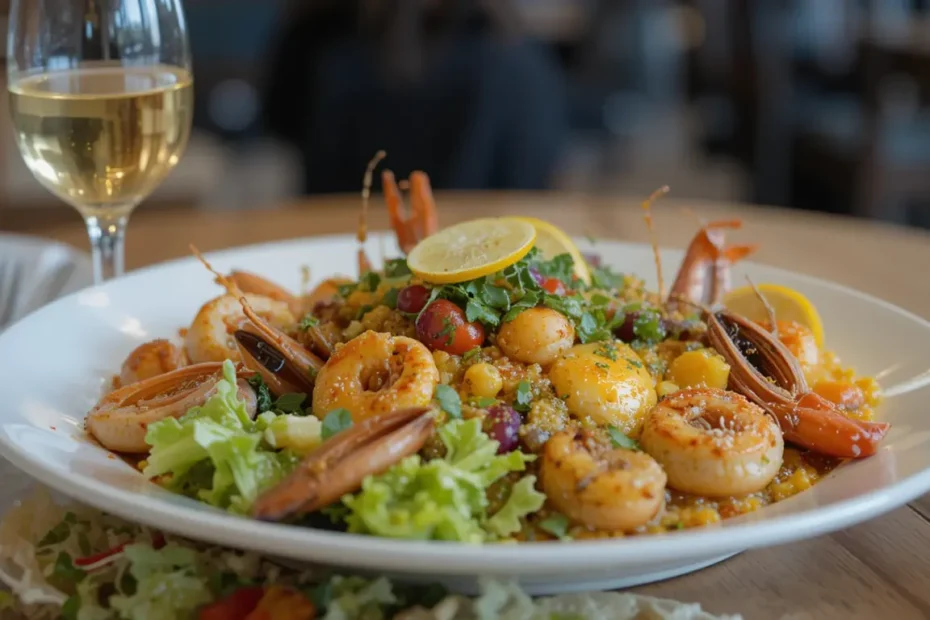 Seafood paella served with a fresh salad and a glass of white wine on a dining table