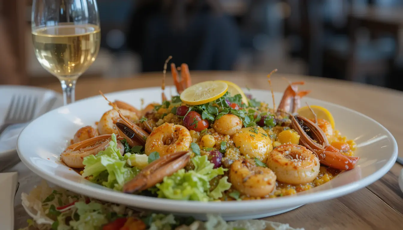 Seafood paella served with a fresh salad and a glass of white wine on a dining table