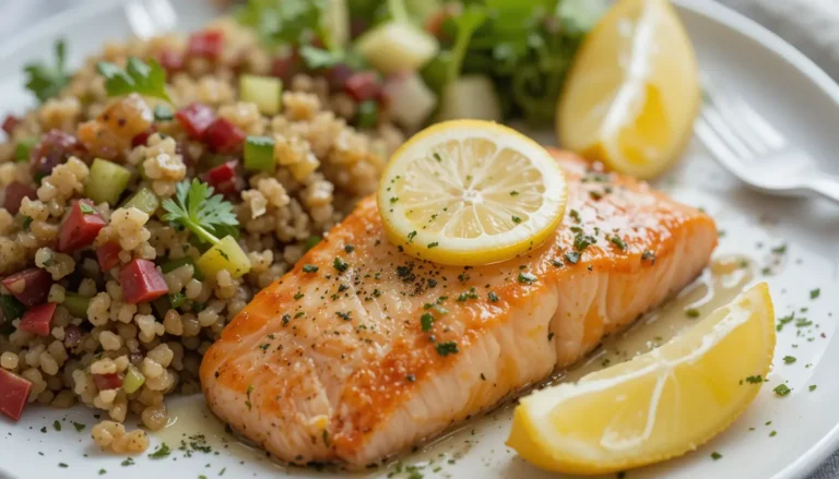Delicious Baked Salmon with Lemon served with fresh vegetables and garnished with herbs