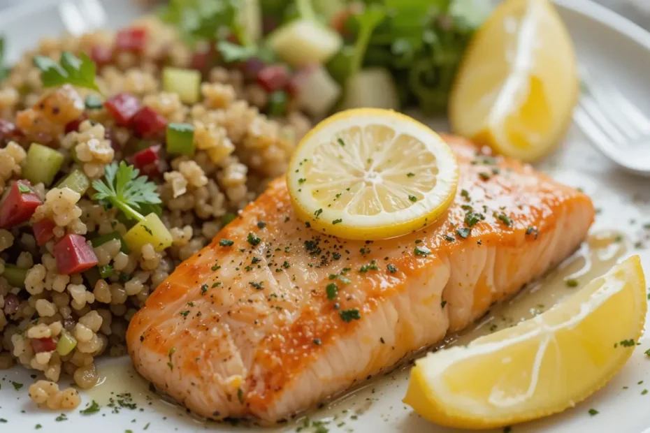 Delicious Baked Salmon with Lemon served with fresh vegetables and garnished with herbs