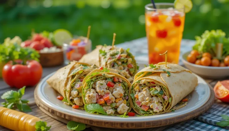 Tuna Salad Wraps served with fresh vegetables and a drink for a perfect lunch