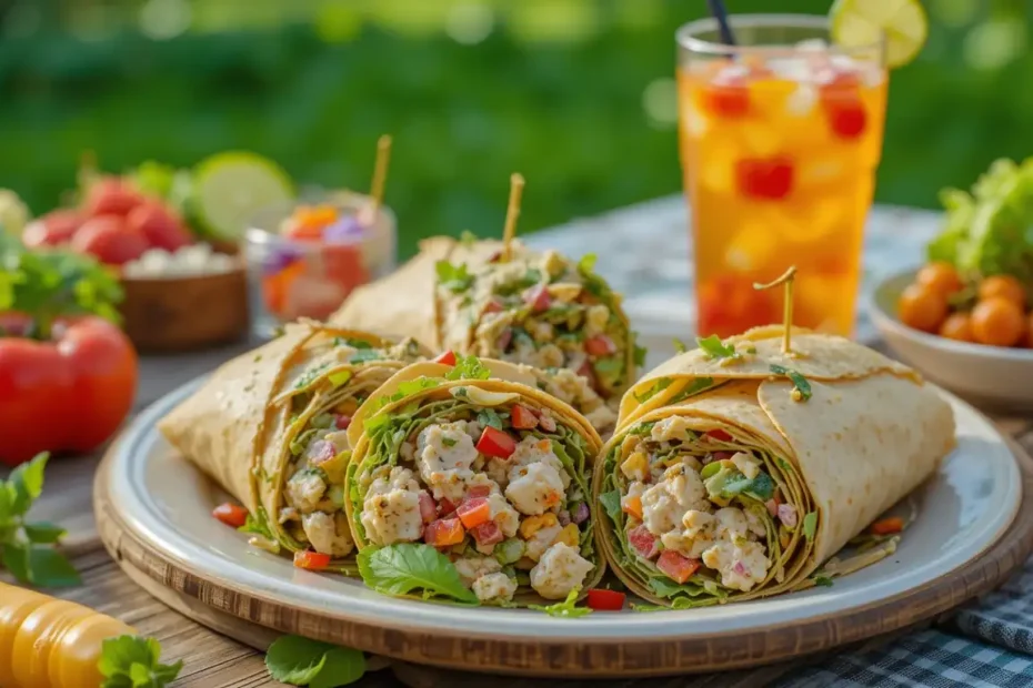 Tuna Salad Wraps served with fresh vegetables and a drink for a perfect lunch