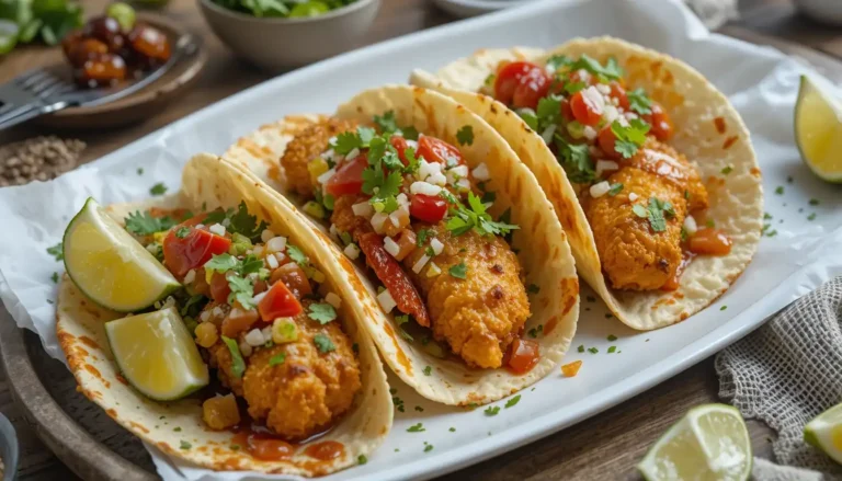 Crispy Fish Tacos served with Mexican street corn