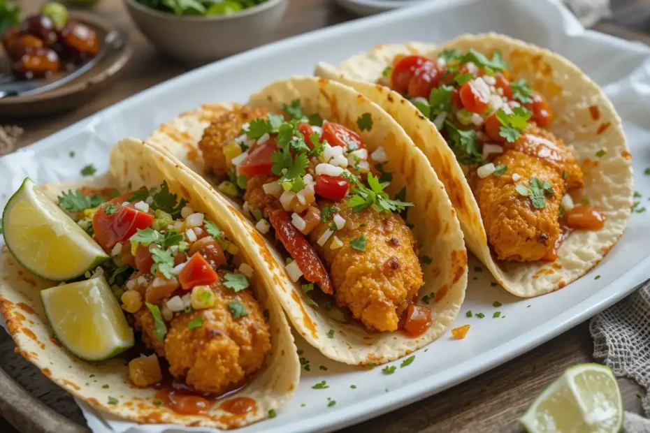 Crispy Fish Tacos served with Mexican street corn