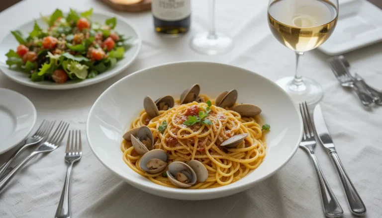 Spaghetti with Clams: A Deliciously Simple Seafood Delight 11 Serving suggestion for Spaghetti with Clams with a glass of white wine and a side salad