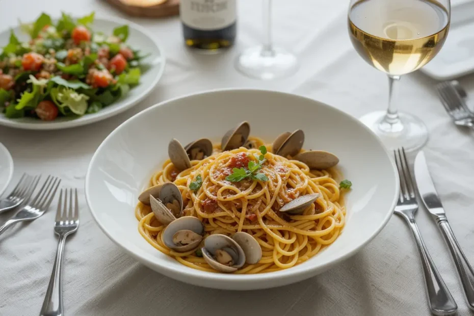 Serving suggestion for Spaghetti with Clams with a glass of white wine and a side salad