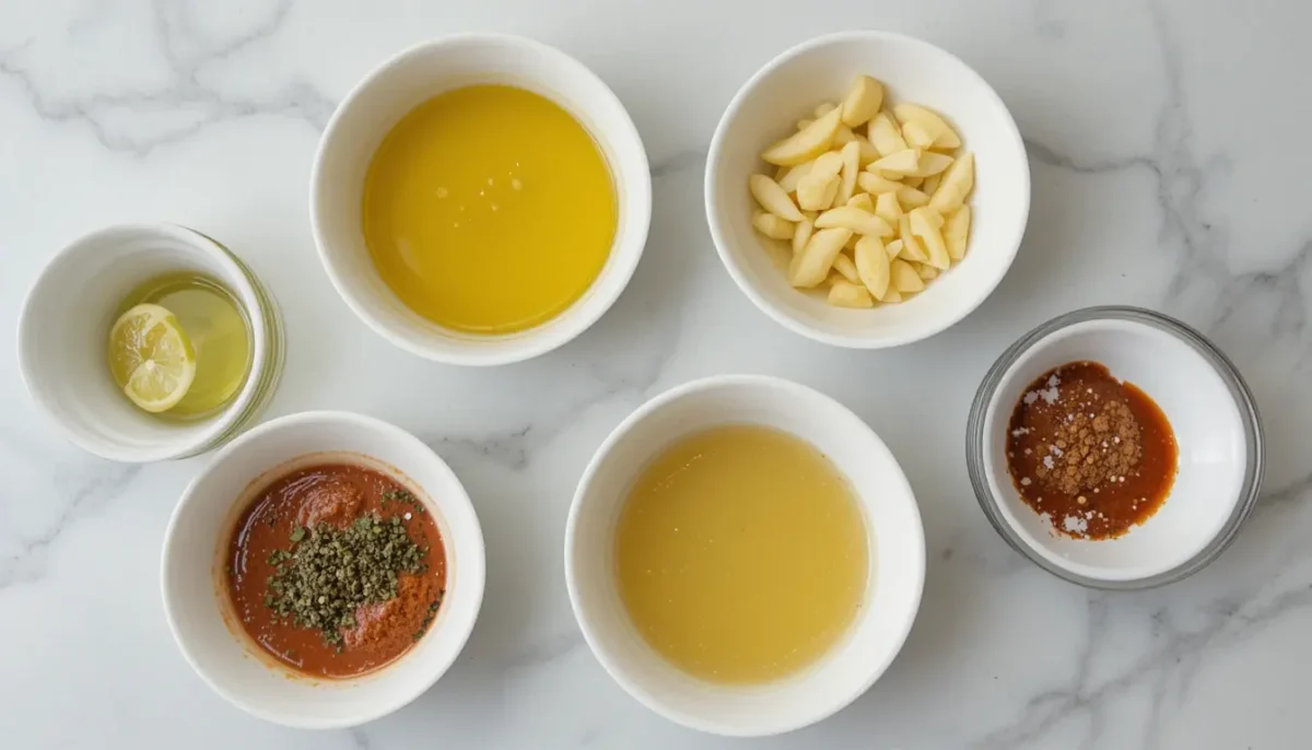 Ingredients for Mahi-Mahi marinade including olive oil, lemon juice, and spices Ingredients for Mahi-Mahi marinade including olive oil, lemon juice, and spices