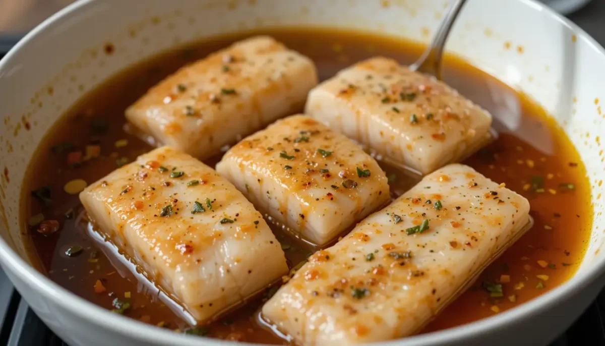 Mahi-Mahi fillets marinating in a bowl Mahi-Mahi fillets marinating in a bowl