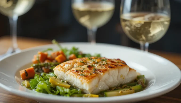 Glass of white wine paired with grilled Mahi-Mahi