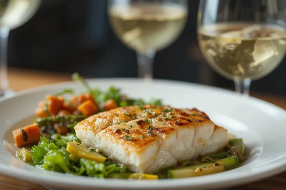 Glass of white wine paired with grilled Mahi-Mahi