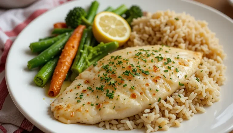Lemon Garlic Tilapia: A Flavorful and Healthy Delight 5 Plated Lemon Garlic Tilapia served with steamed vegetables and rice
