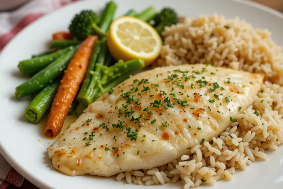 Plated Lemon Garlic Tilapia served with steamed vegetables and rice