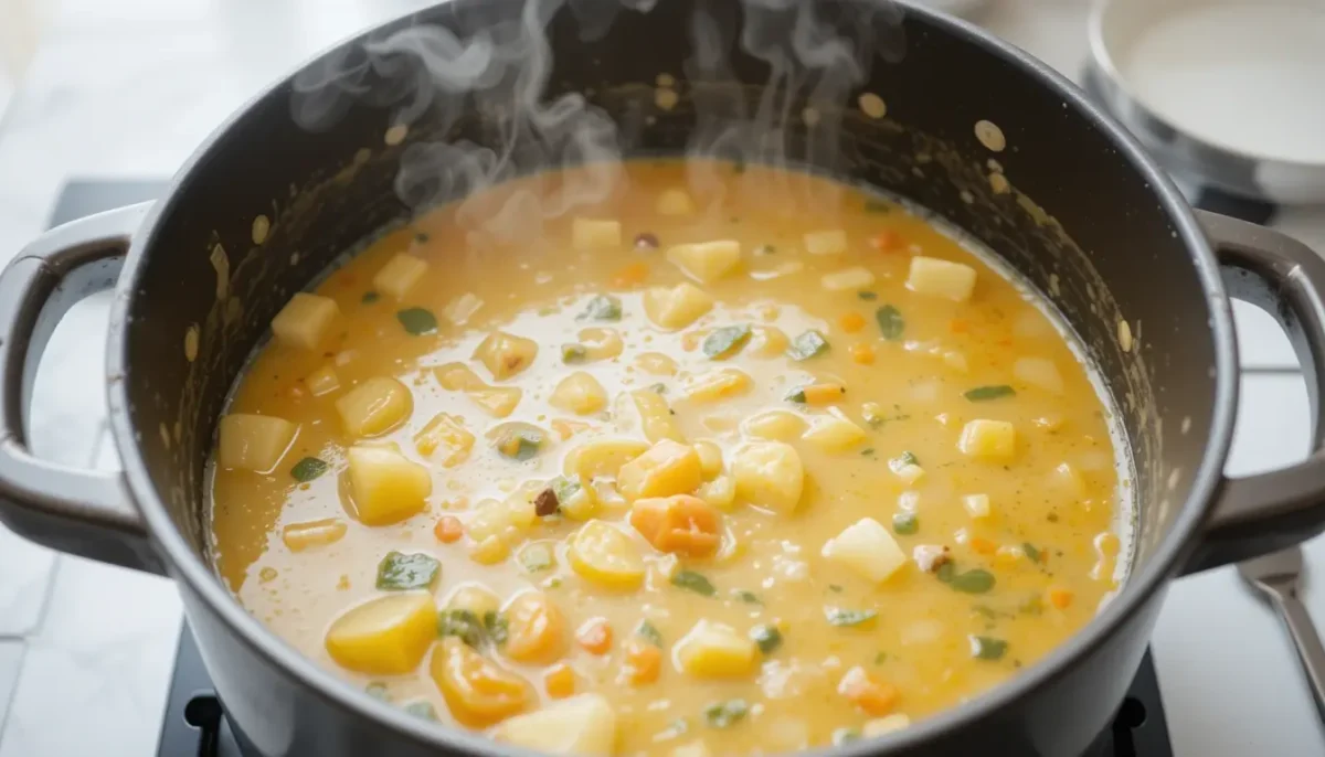 Seafood Chowder cooking in a pot, showcasing the creamy broth and fresh seafood Seafood Chowder cooking in a pot, showcasing the creamy broth and fresh seafood