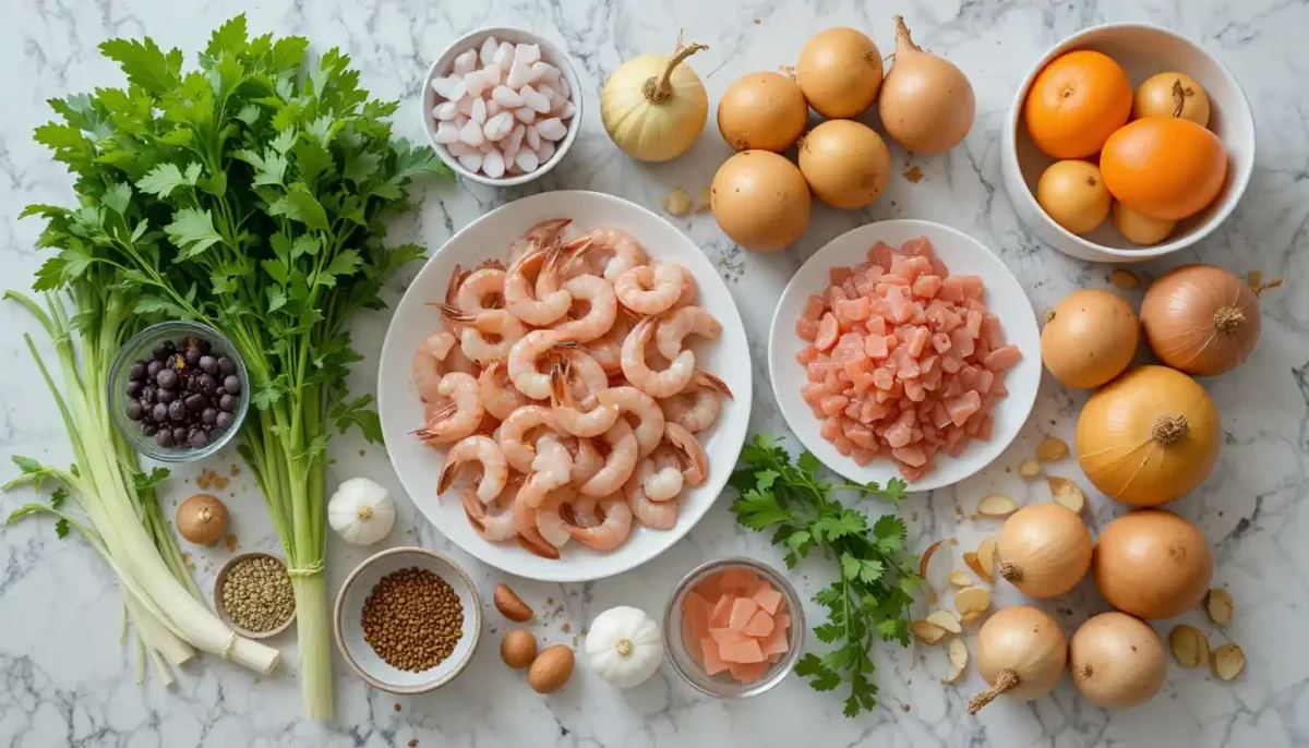 Fresh ingredients for Seafood Chowder, including shrimp, scallops, fish, potatoes, and vegetables Fresh ingredients for Seafood Chowder, including shrimp, scallops, fish, potatoes, and vegetables