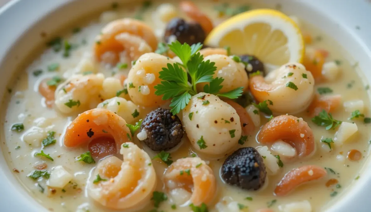 Delicious Seafood Chowder served in a bowl, garnished with parsley and accompanied by lemon wedges Delicious Seafood Chowder served in a bowl, garnished with parsley and accompanied by lemon wedges