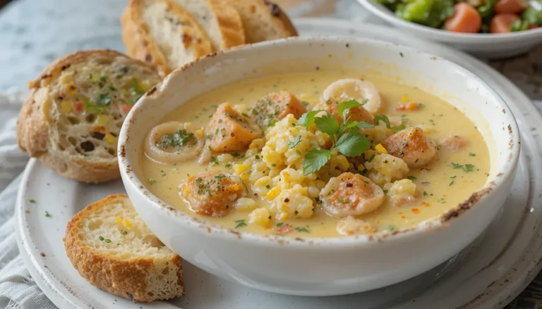 Seafood Chowder served with crusty bread and a fresh salad, perfect for a cozy meal