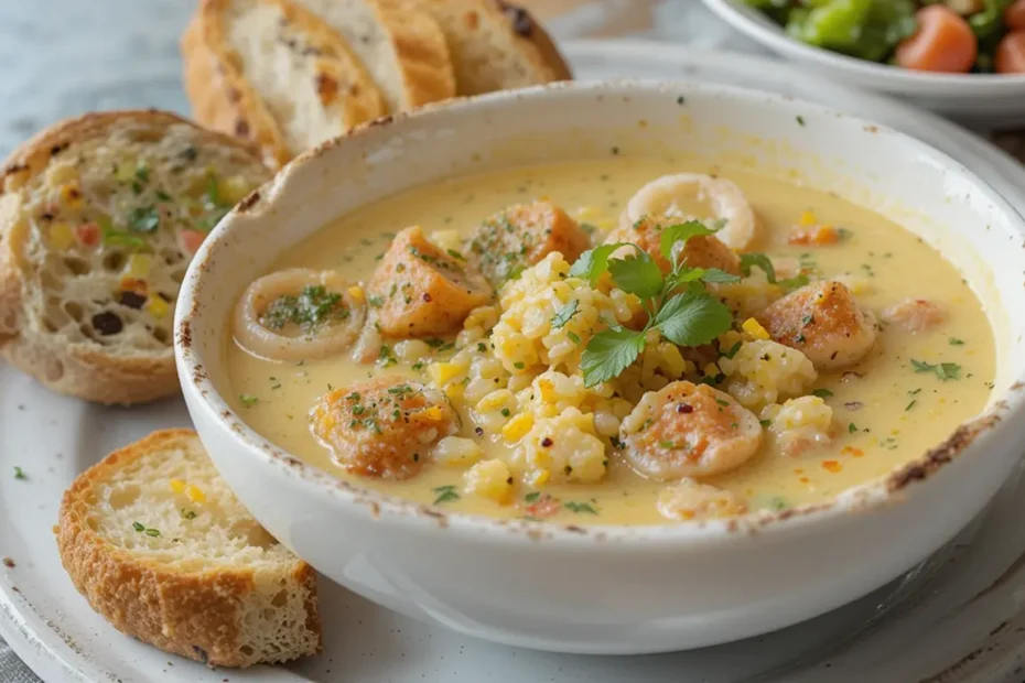 Seafood Chowder served with crusty bread and a fresh salad, perfect for a cozy meal