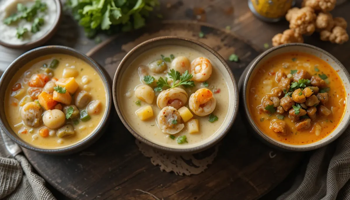 Variations of Seafood Chowder, including vegetarian and spicy options Variations of Seafood Chowder, including vegetarian and spicy options