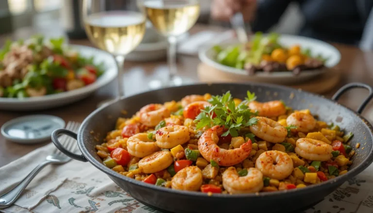 Chicken and Shrimp Paella: A Flavorful Spanish Delight 6 Chicken and Shrimp Paella served with a glass of white wine and a fresh salad on a dining table