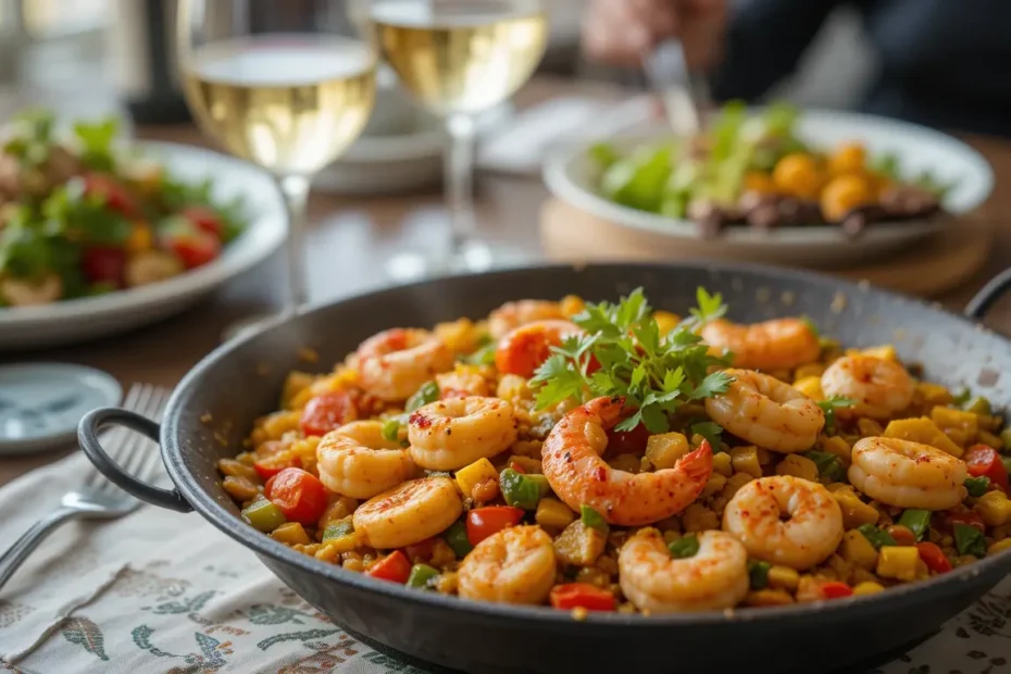 Chicken and Shrimp Paella served with a glass of white wine and a fresh salad on a dining table