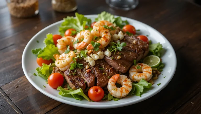 Surf and Turf Salad: A Deliciously Decadent Delight 9 Finished Surf and Turf Salad with grilled steak, shrimp, and fresh vegetables