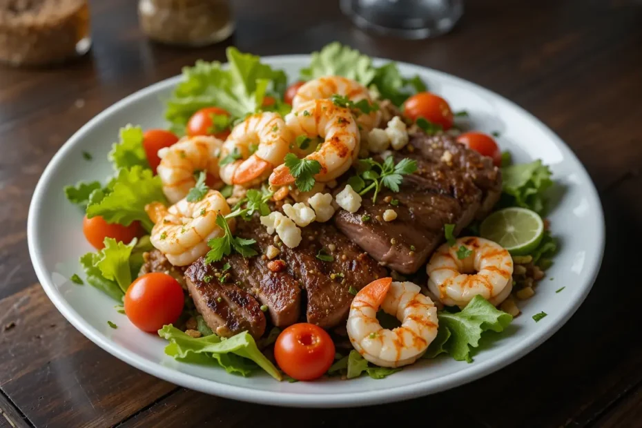 Finished Surf and Turf Salad with grilled steak, shrimp, and fresh vegetables