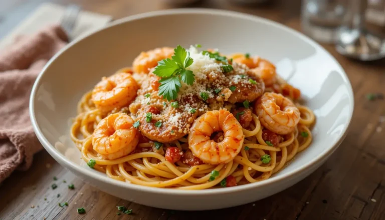 Delicious Shrimp Linguine with Chorizo ready to eat, garnished with parsley and Parmesan