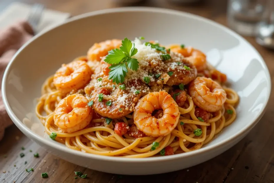 Delicious Shrimp Linguine with Chorizo ready to eat, garnished with parsley and Parmesan