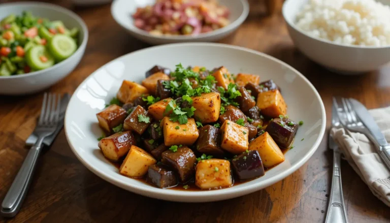 Table setting featuring Eggplant and Tofu Stir-Fry with complementary dishes like salad and rice