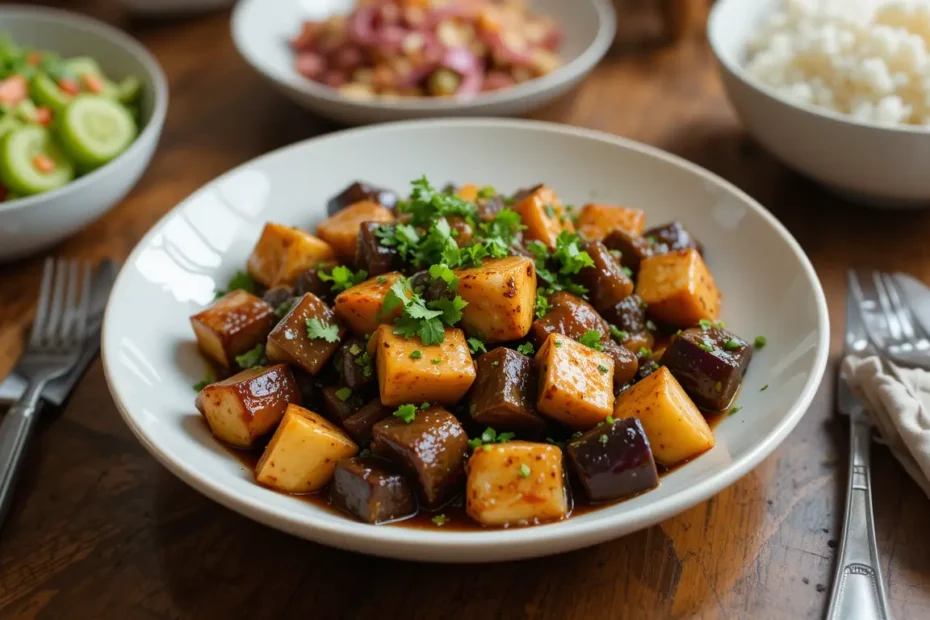 Table setting featuring Eggplant and Tofu Stir-Fry with complementary dishes like salad and rice