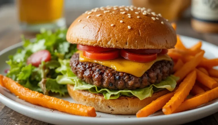 Black Bean Oat Burger served with sweet potato fries and a fresh garden salad
