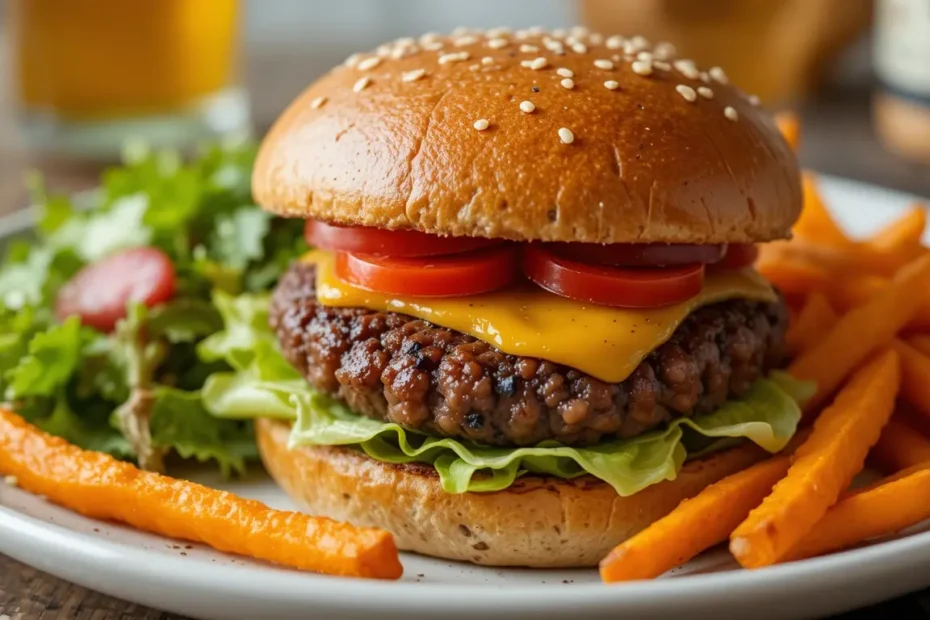 Black Bean Oat Burger served with sweet potato fries and a fresh garden salad