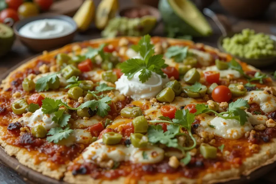 Mexican Tortilla Pizza served with sour cream and guacamole on the side