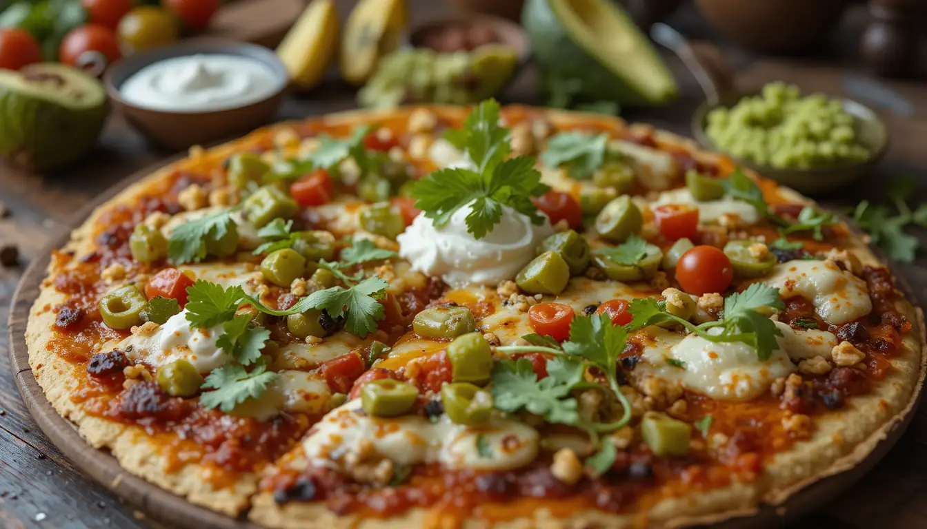 Mexican Tortilla Pizza served with sour cream and guacamole on the side