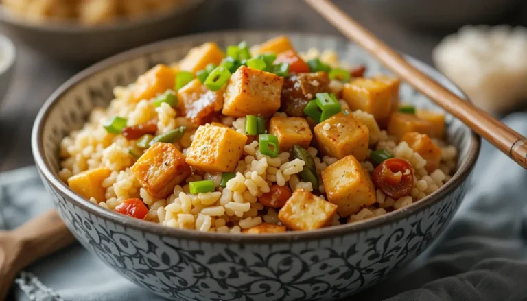 Tofu Fried Rice: A Delicious and Nutritious Vegan Delight 5 Tofu Fried Rice served with chopsticks, ready to eat