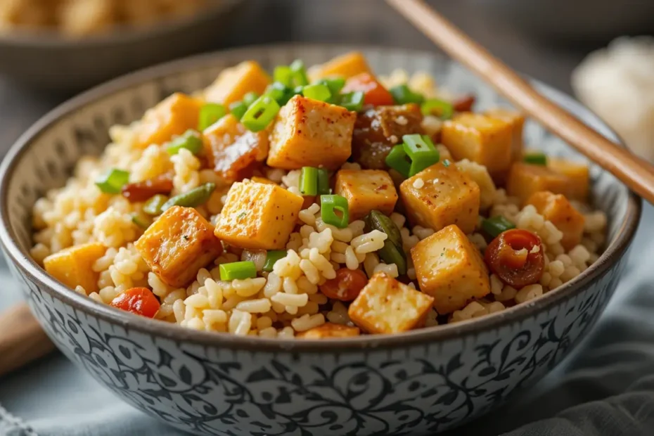 Tofu Fried Rice served with chopsticks, ready to eat