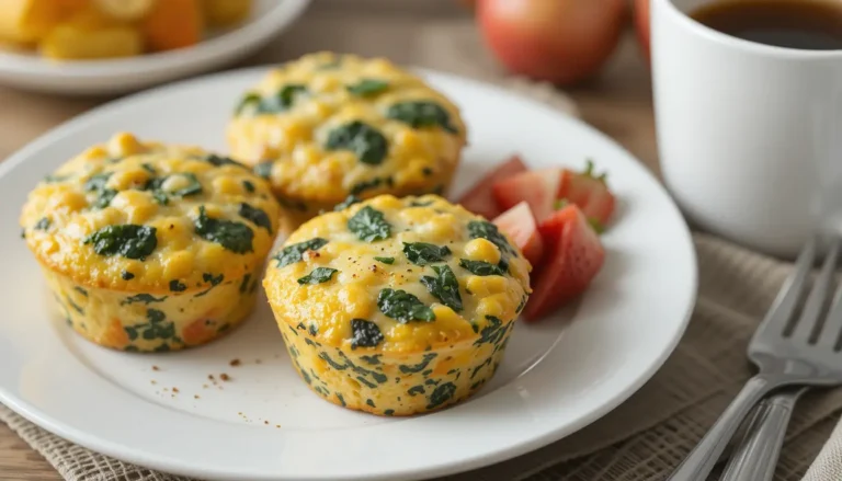 Egg Muffins with Spinach and Cheese: A Healthy Breakfast Option 8 Three spinach and cheese egg muffins served on a white plate with a side of fresh fruit and a cup of coffee