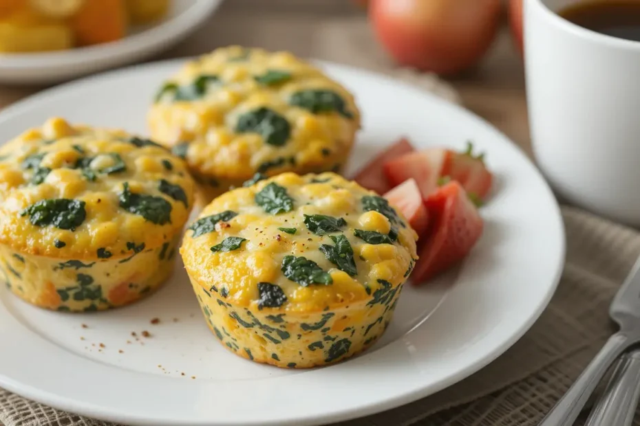 Three spinach and cheese egg muffins served on a white plate with a side of fresh fruit and a cup of coffee