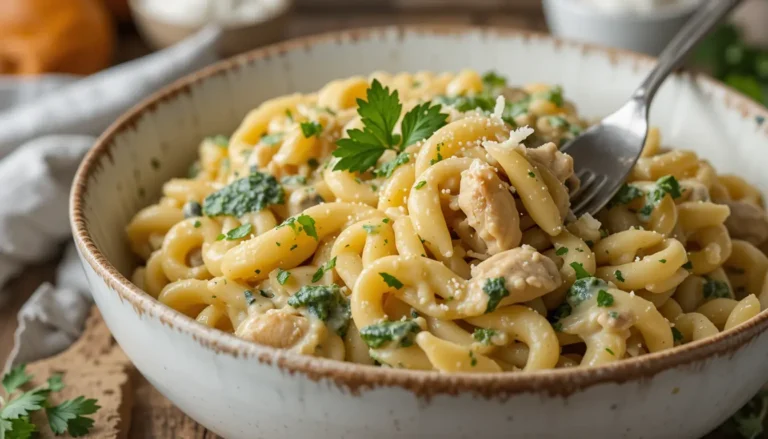 One-Pot Creamy Chicken Pasta: A Quick and Delicious Weeknight Dinner 5 One-Pot Creamy Chicken Pasta served in a white bowl with fresh parsley garnish and a sprinkle of Parmesan cheese.