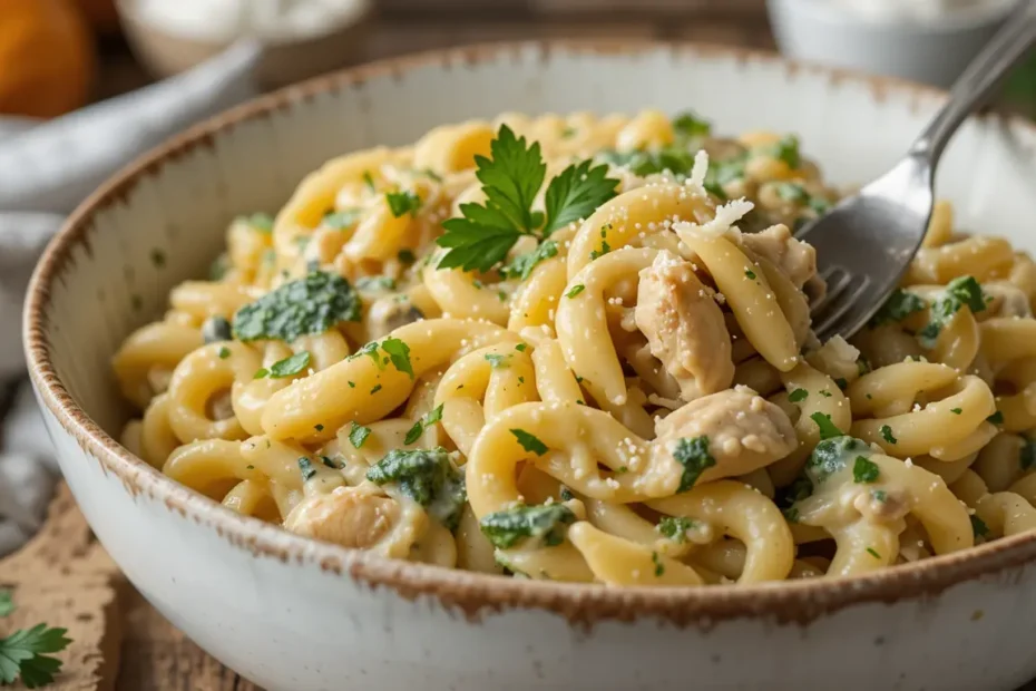 One-Pot Creamy Chicken Pasta served in a white bowl with fresh parsley garnish and a sprinkle of Parmesan cheese.