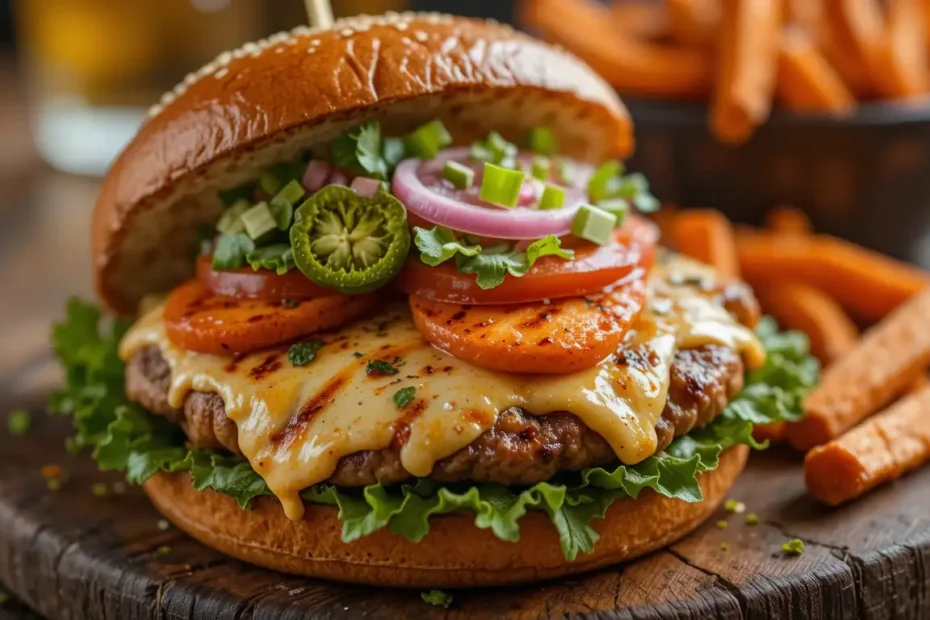 Juicy turkey and salmon burger on a toasted bun with melted cheese, fresh lettuce, tomato, and red onion, served with a side of sweet potato fries