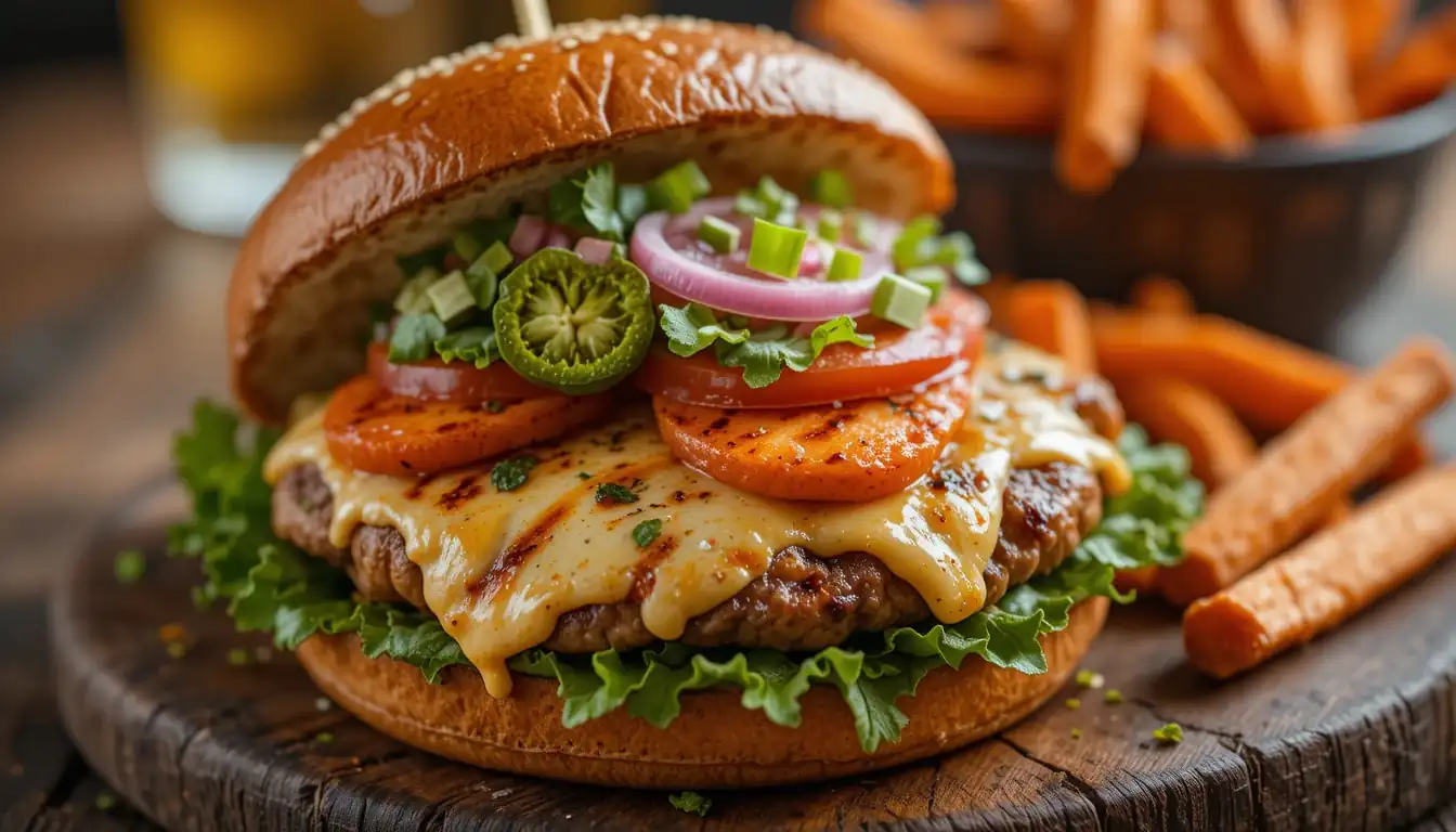 Turkey and Salmon Burgers: A Healthy, Delicious Twist on Classic Burgers 1 Juicy turkey and salmon burger on a toasted bun with melted cheese, fresh lettuce, tomato, and red onion, served with a side of sweet potato fries