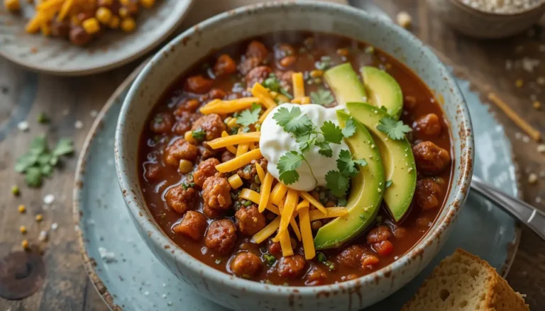 Beef and Turkey Chili: A Hearty and Flavorful Recipe for Comfort Food Lovers 6 A steaming bowl of Beef and Turkey Chili topped with shredded cheese, sour cream, sliced avocado, and fresh cilantro, served with a side of cornbread